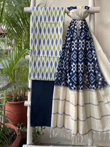 OFF WHITE & BLUE COTTON IKKAT DUPATTA SET