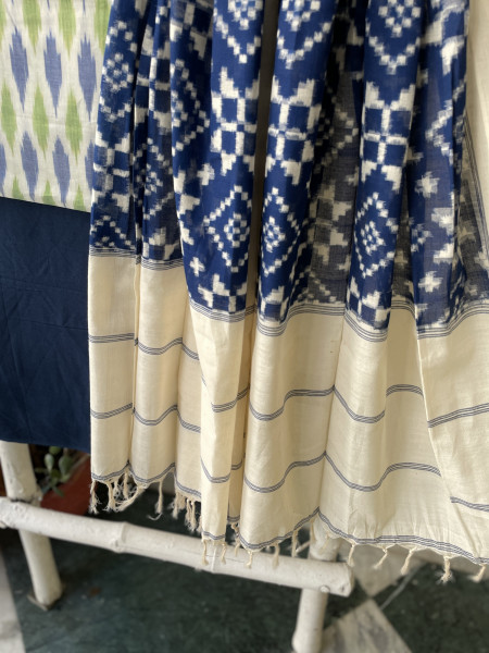 OFF WHITE & BLUE COTTON IKKAT DUPATTA SET