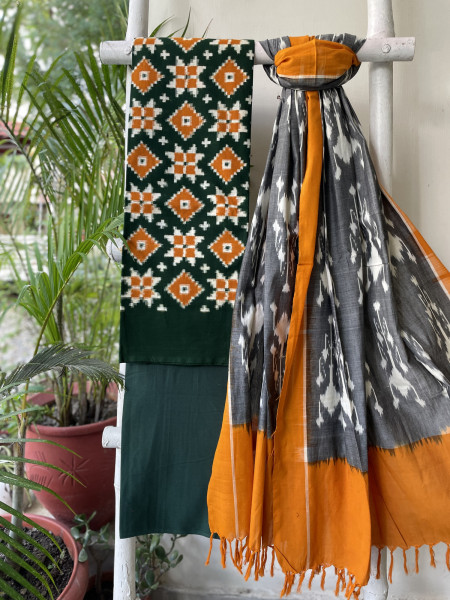 GREEN & MUSTARD COTTON IKKAT DUPATTA SET