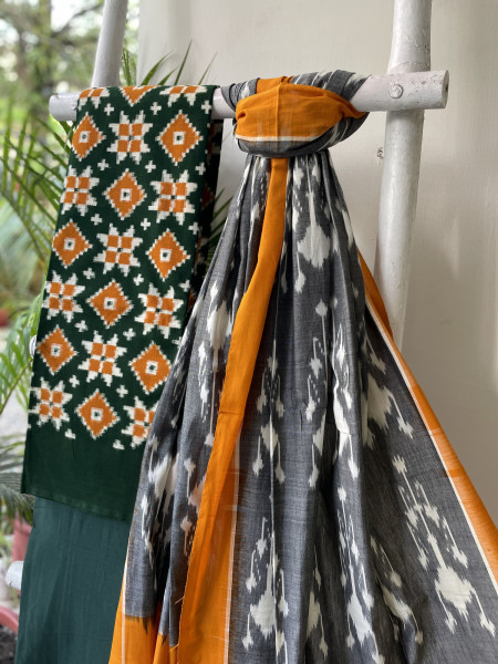 GREEN & MUSTARD COTTON IKKAT DUPATTA SET