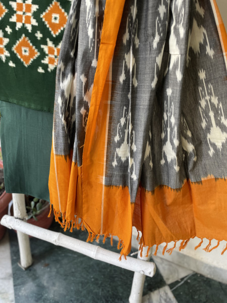 GREEN & MUSTARD COTTON IKKAT DUPATTA SET