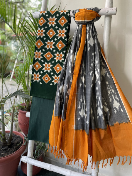 GREEN & MUSTARD COTTON IKKAT DUPATTA SET
