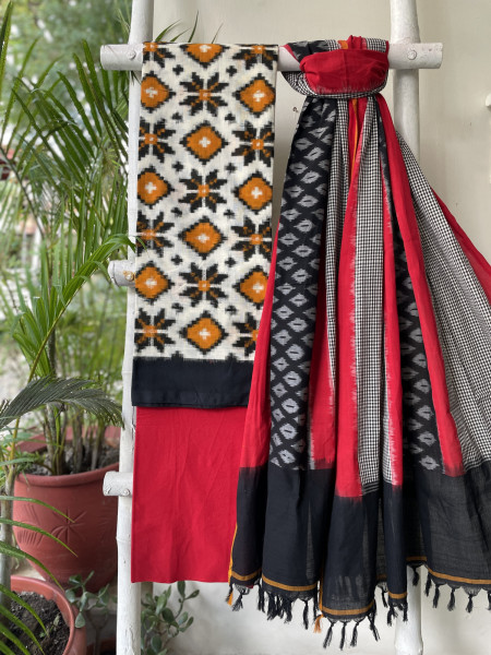 OFF WHITE & RED COTTON IKKAT DUPATTA SET