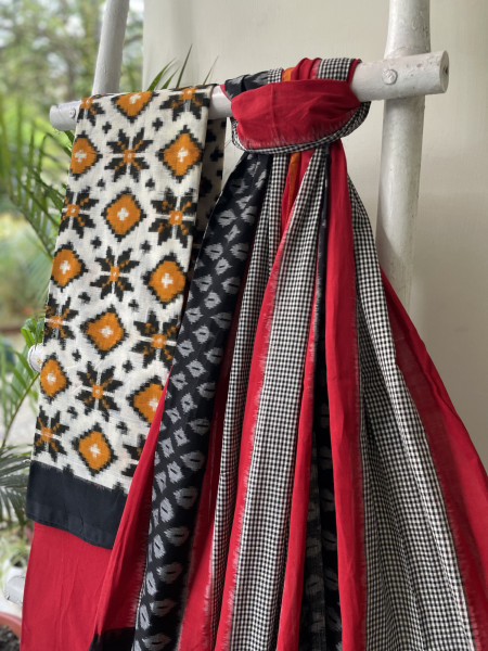 OFF WHITE & RED COTTON IKKAT DUPATTA SET