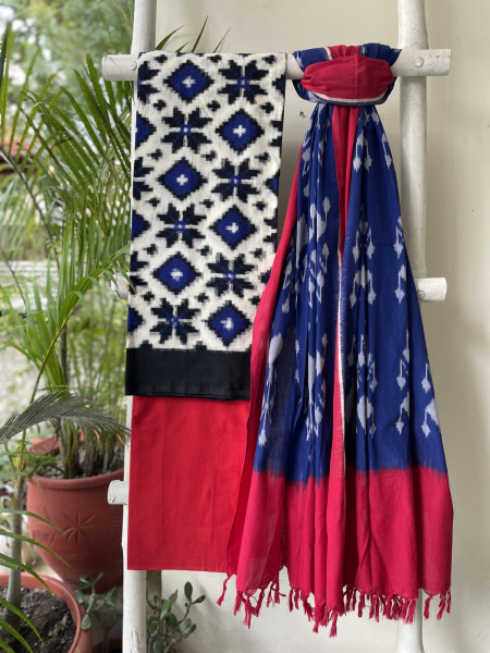 WHITE & BLUE COTTON IKKAT DUPATTA SET