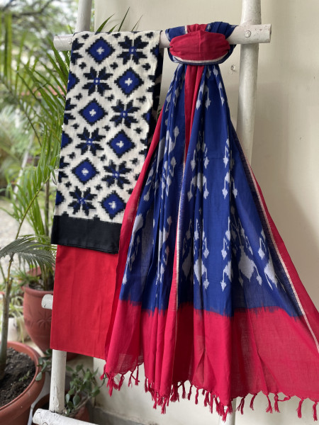 WHITE & BLUE COTTON IKKAT DUPATTA SET