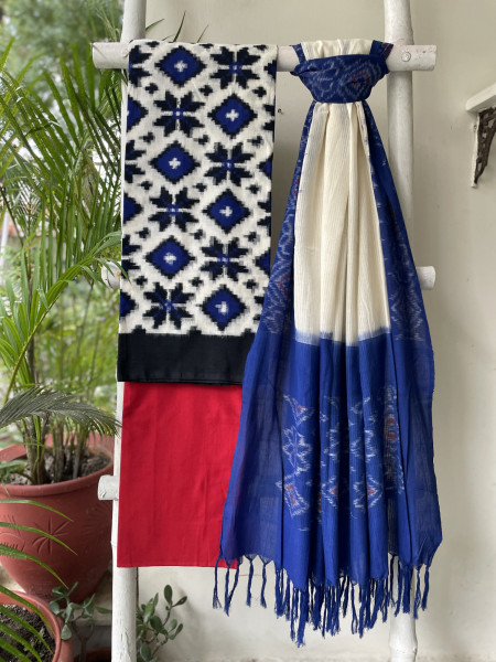 WHITE & BLUE COTTON IKKAT DUPATTA SET