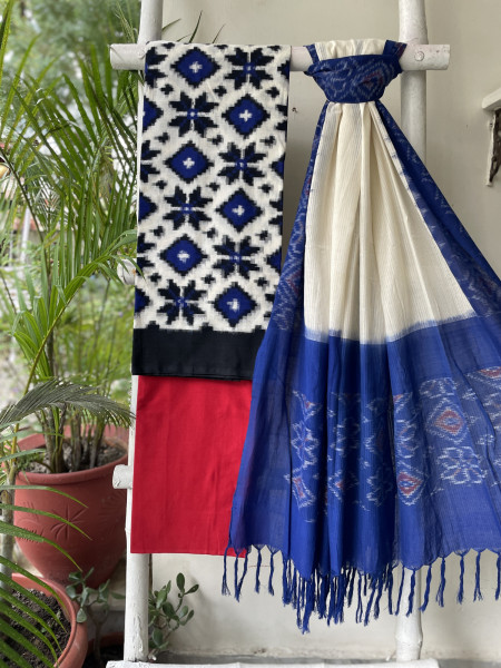 WHITE & BLUE COTTON IKKAT DUPATTA SET