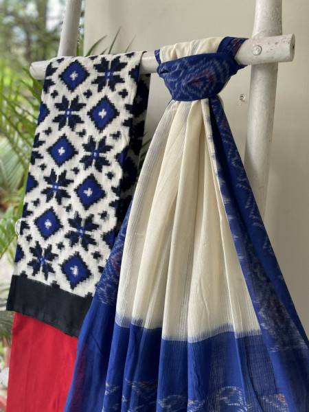 WHITE & BLUE COTTON IKKAT DUPATTA SET