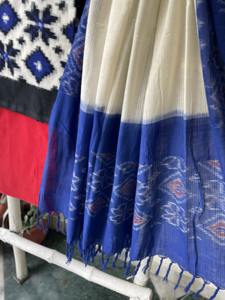 WHITE & BLUE COTTON IKKAT DUPATTA SET