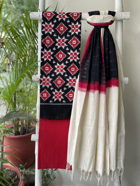 BLACK & RED  COTTON IKKAT DUPATTA SET