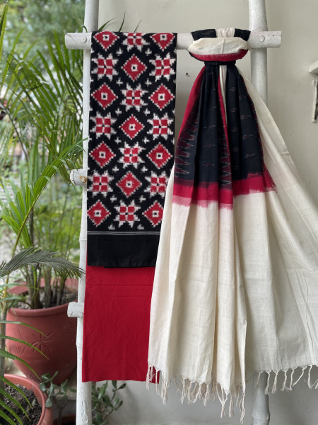 BLACK & RED  COTTON IKKAT DUPATTA SET