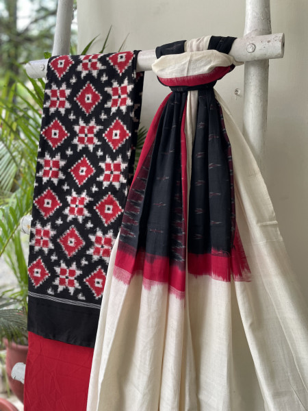 BLACK & RED  COTTON IKKAT DUPATTA SET