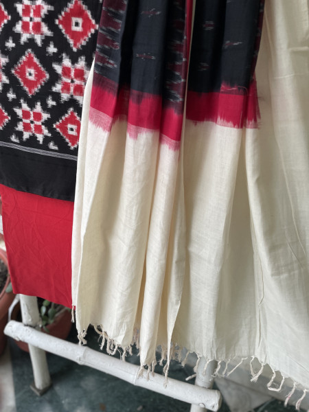BLACK & RED  COTTON IKKAT DUPATTA SET