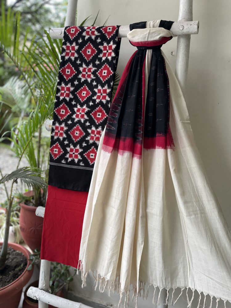 Image of BLACK &amp; RED  COTTON IKKAT DUPATTA SET