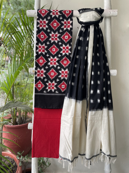 BLACK & RED  COTTON IKKAT DUPATTA SET
