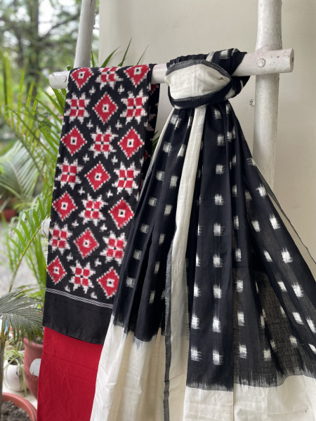 BLACK & RED  COTTON IKKAT DUPATTA SET