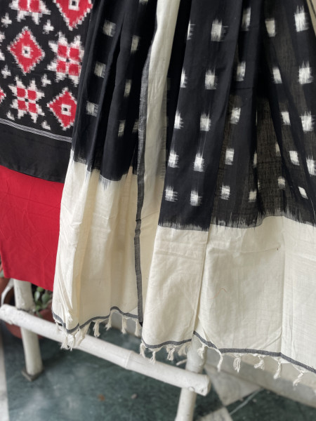 BLACK & RED  COTTON IKKAT DUPATTA SET