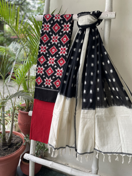 BLACK & RED  COTTON IKKAT DUPATTA SET