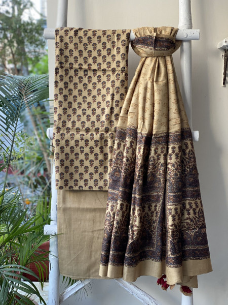BEIGE BLOCK PRINT PASHMINA SILK WOVEN  DUPATTA SET