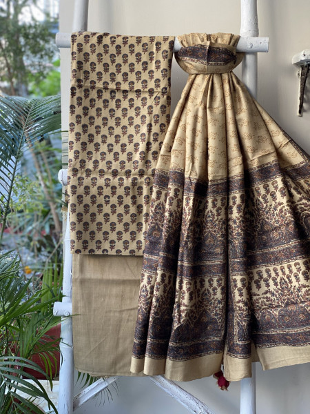 BEIGE BLOCK PRINT PASHMINA SILK WOVEN  DUPATTA SET