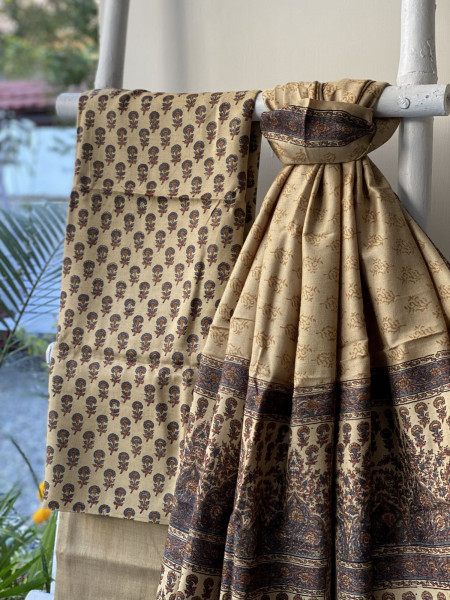 BEIGE BLOCK PRINT PASHMINA SILK WOVEN  DUPATTA SET