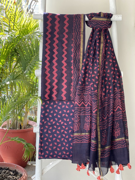 MAROON-BLACK HAND BLOCK PRINT CHANDERI SILK & COTTON DUPATTA SET