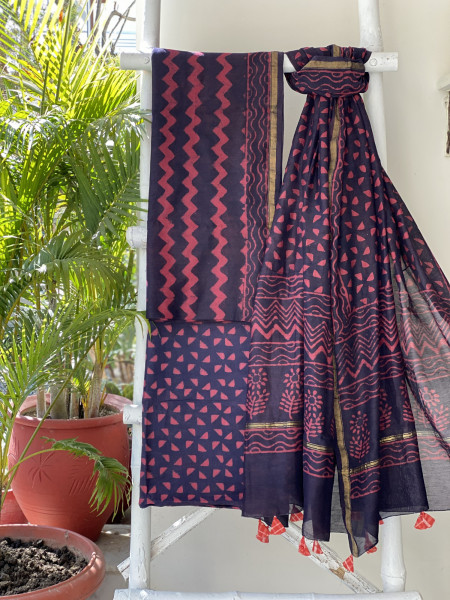 MAROON-BLACK HAND BLOCK PRINT CHANDERI SILK & COTTON DUPATTA SET