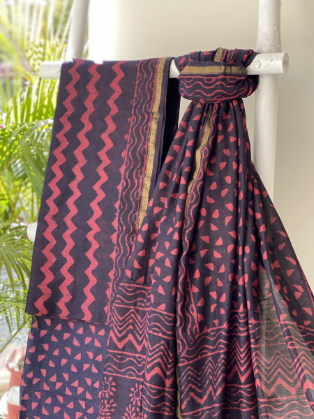 MAROON-BLACK HAND BLOCK PRINT CHANDERI SILK & COTTON DUPATTA SET