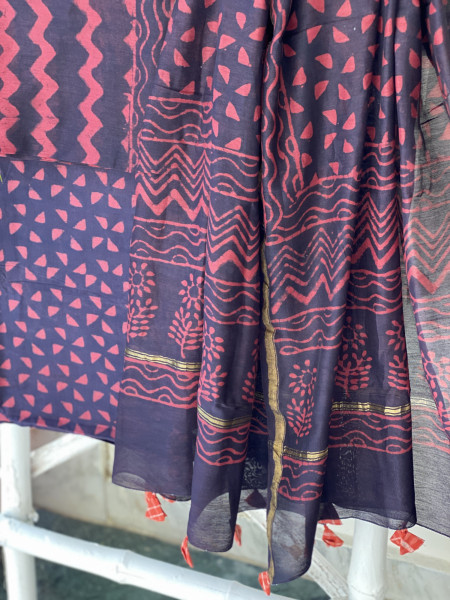 MAROON-BLACK HAND BLOCK PRINT CHANDERI SILK & COTTON DUPATTA SET