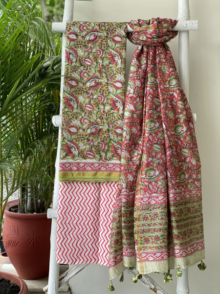 GREEN HAND BLOCK PRINT CHANDERI SILK & COTTON DUPATTA SET