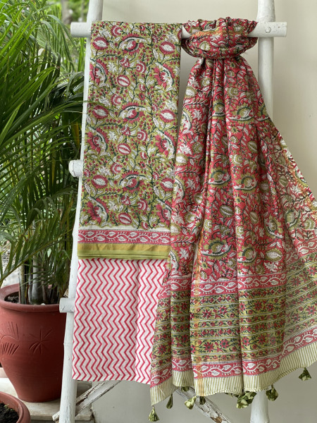 GREEN HAND BLOCK PRINT CHANDERI SILK & COTTON DUPATTA SET