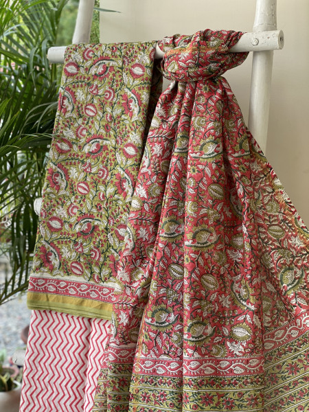 GREEN HAND BLOCK PRINT CHANDERI SILK & COTTON DUPATTA SET
