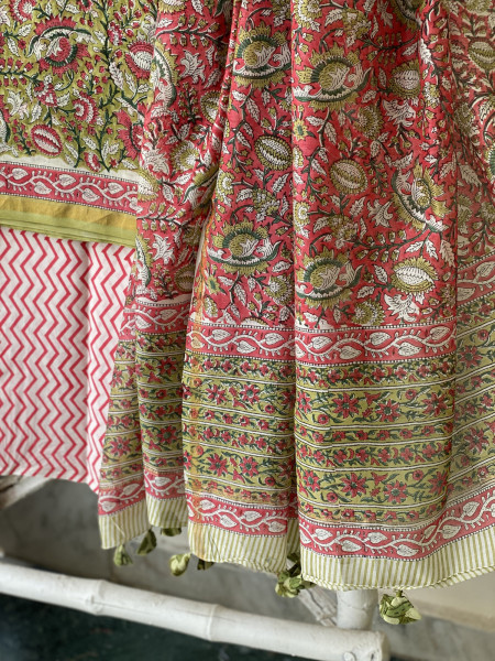 GREEN HAND BLOCK PRINT CHANDERI SILK & COTTON DUPATTA SET