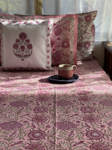 PINK COTTON HAND BLOCK PRINT KING BEDSHEET