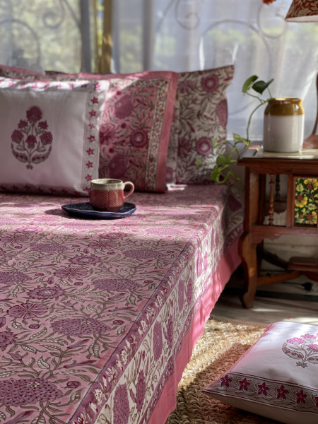 PINK COTTON HAND BLOCK PRINT KING BEDSHEET