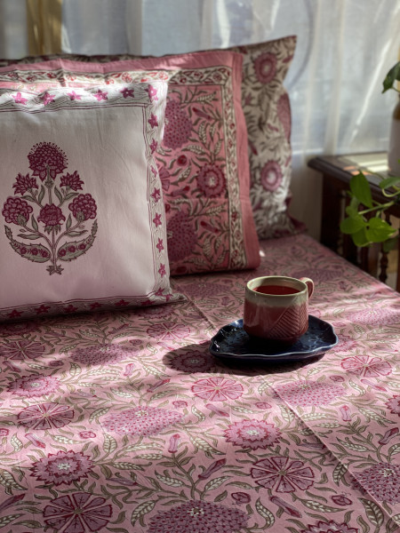 PINK COTTON HAND BLOCK PRINT KING BEDSHEET