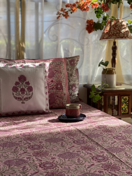 PINK COTTON HAND BLOCK PRINT KING BEDSHEET