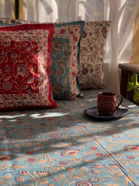 BLUE COTTON HAND BLOCK PRINT KING BEDSHEET
