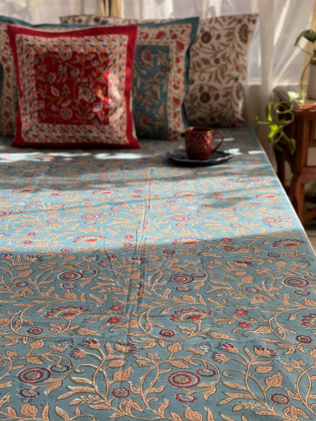 BLUE COTTON HAND BLOCK PRINT KING BEDSHEET