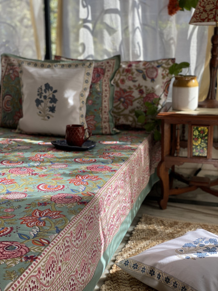 SEA GREEN COTTON HAND BLOCK PRINT KING BEDSHEET
