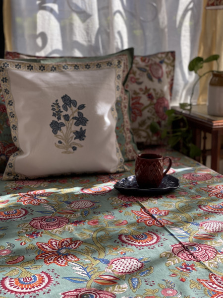 SEA GREEN COTTON HAND BLOCK PRINT KING BEDSHEET