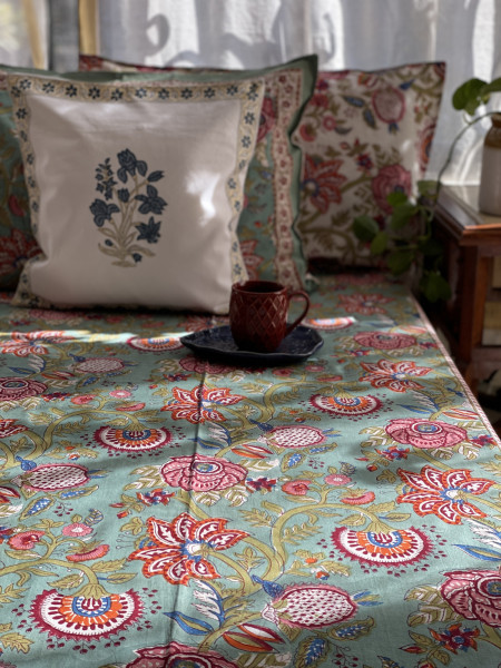 SEA GREEN COTTON HAND BLOCK PRINT KING BEDSHEET