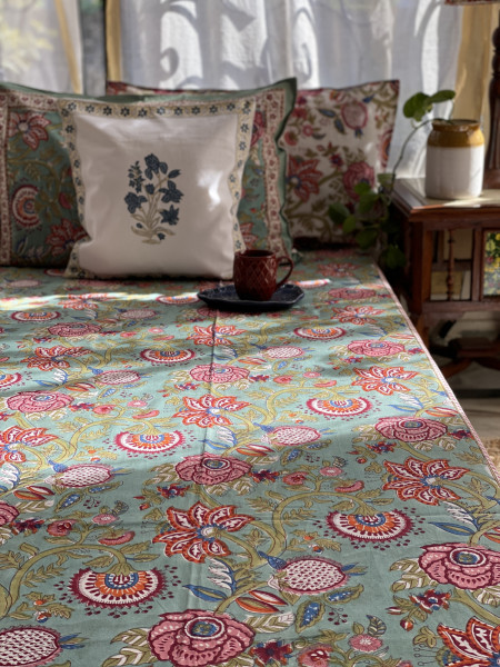 SEA GREEN COTTON HAND BLOCK PRINT KING BEDSHEET