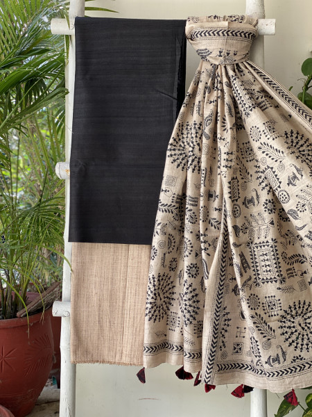 BLACK & BEIGE TUSSAR SILK KANTHA EMBROIDERED dupatta  SET