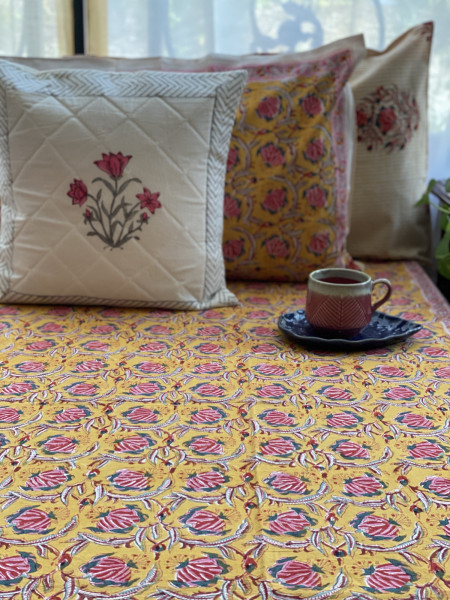 YELLOW COTTON HAND BLOCK PRINT KING BEDSHEET