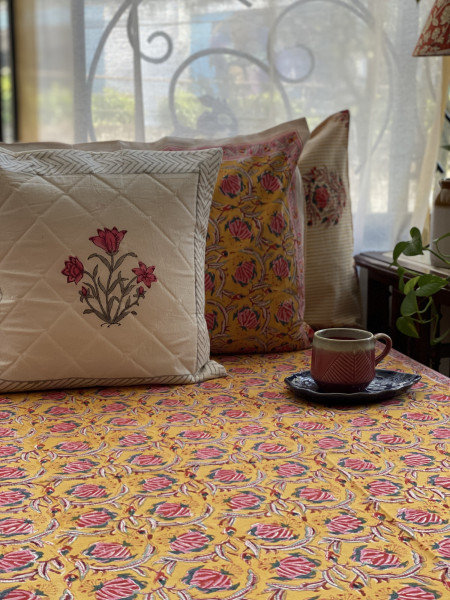 YELLOW COTTON HAND BLOCK PRINT KING BEDSHEET