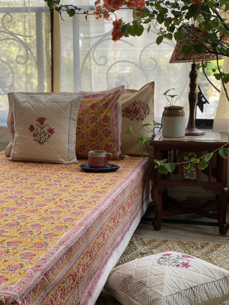YELLOW COTTON HAND BLOCK PRINT KING BEDSHEET