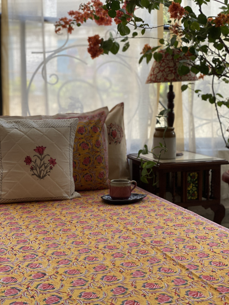 Image of YELLOW COTTON HAND BLOCK PRINT KING BEDSHEET