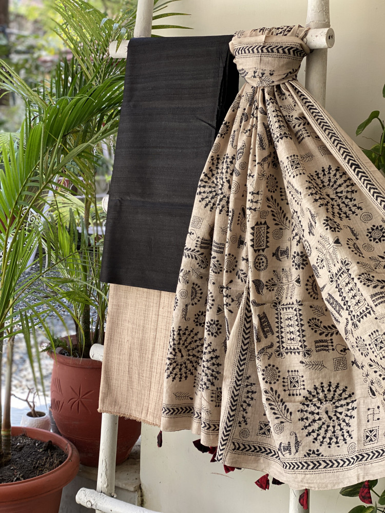 Image of BLACK &amp; BEIGE TUSSAR SILK KANTHA EMBROIDERED dupatta  SET